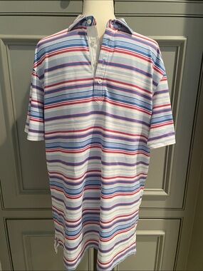 johnnie-O Men’s Striped Polo Shirt White Blue Red Short Sleeve Golf Casual